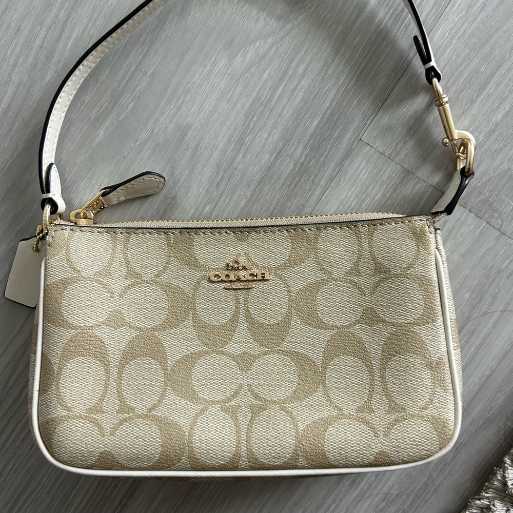 Coach Cream and Gold Shoulder Bag with Signature Monogram